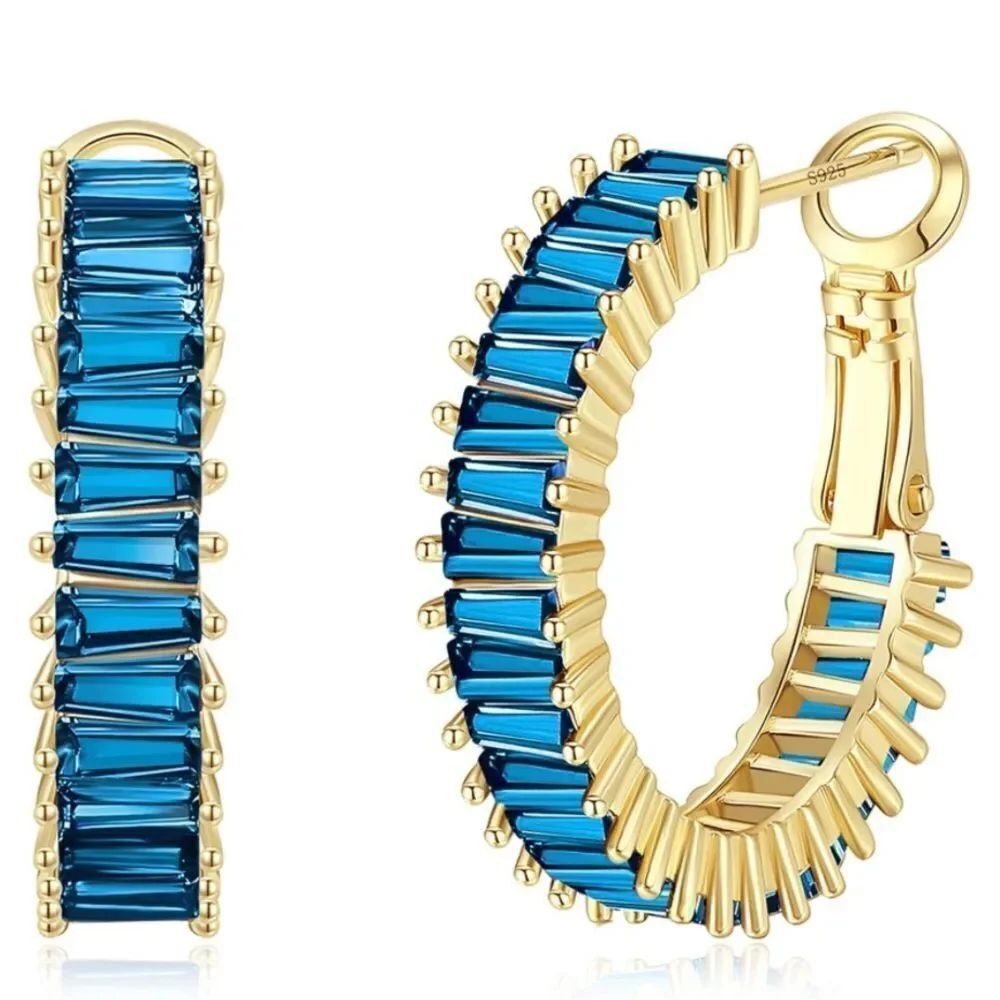 14K Yellow Gold with Swiss Blue Topaz Cubic Zirconia Hoop Leverback Earrings
